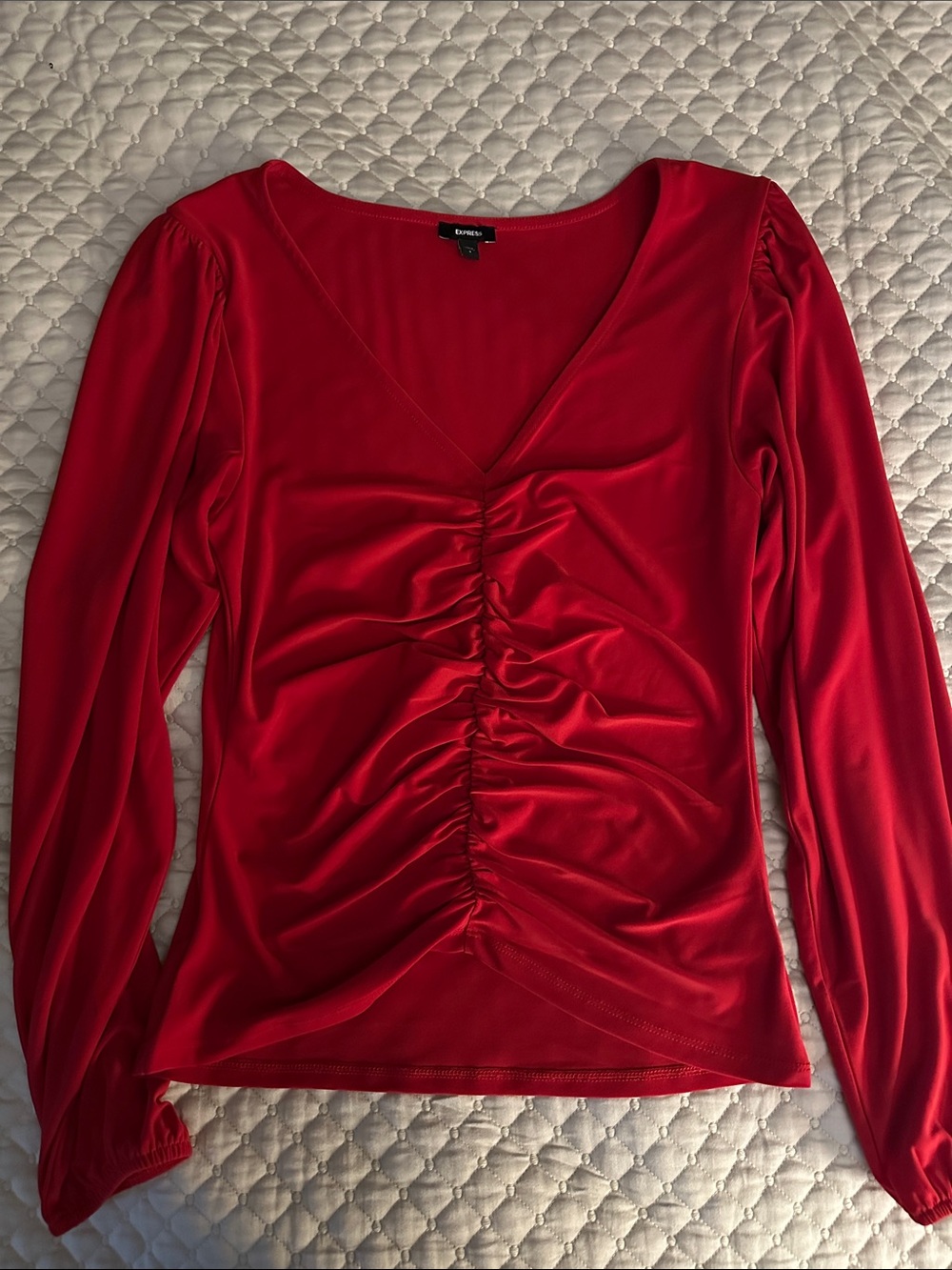 Express Vibrant Red Ruched V-Neck Long Sleeve Top